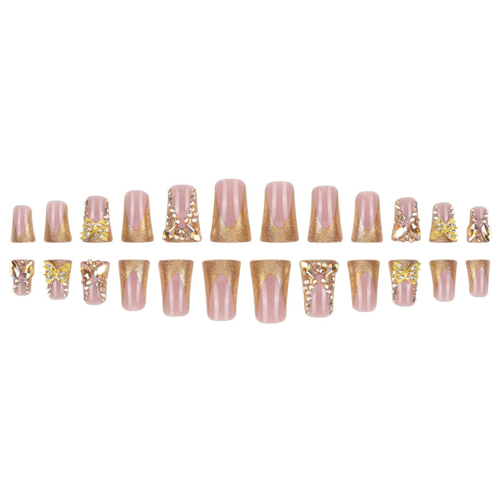 24 pièces lumière luxe presse sur ongles brillant or Style français bec de canard faux ongles plein
