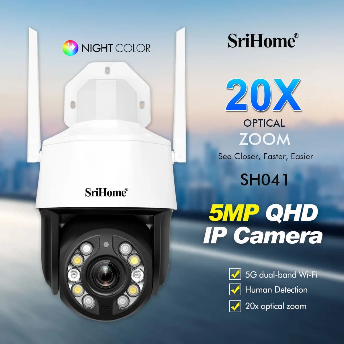 Sricam 5.0MP 20X Zoom optique 5G Wifi caméra IP extérieure IP66 étanche Onvif Protection de sécurité