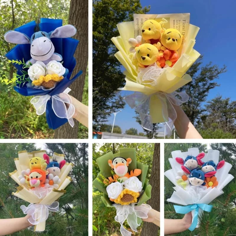 Poupée en peluche Winnie l'ourson, jouet de dessin animé, Bouquet de fleurs fait à la main, cadeaux