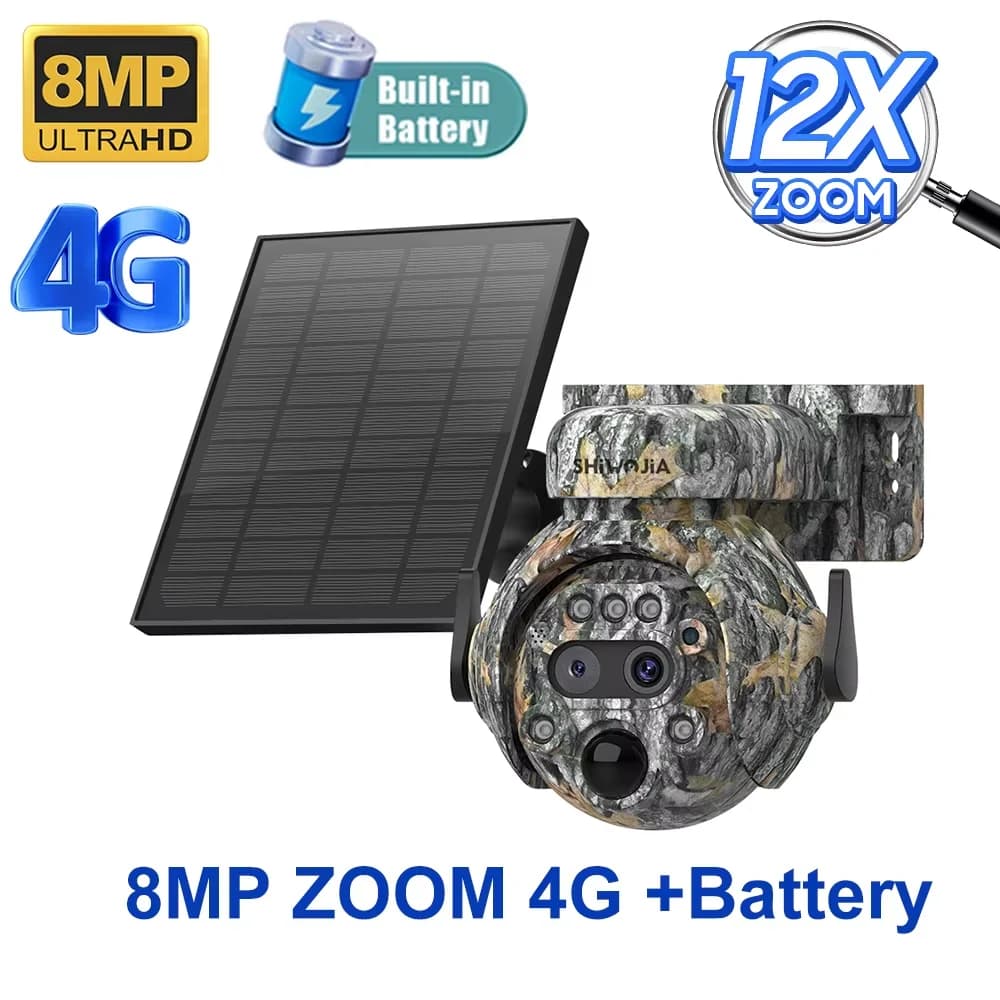 SHIWOJIA 6K 12MP 4G Caméra de sécurité solaire ZOOM 60X Extérieur 360 ° Voir la surveillance des a