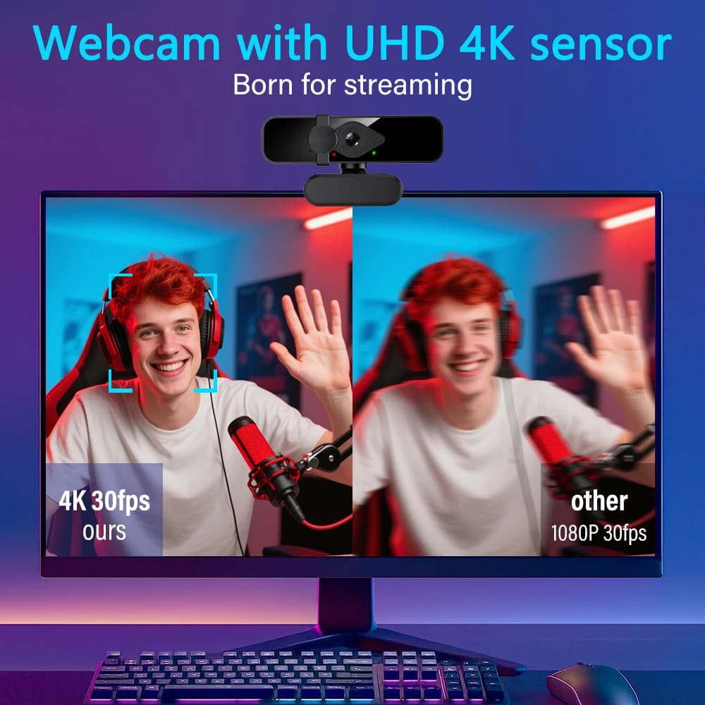 Webcam USB 4K Ultra HD avec microphone et cache de confidentialité, caméra d'ordinateur Plug and Pla