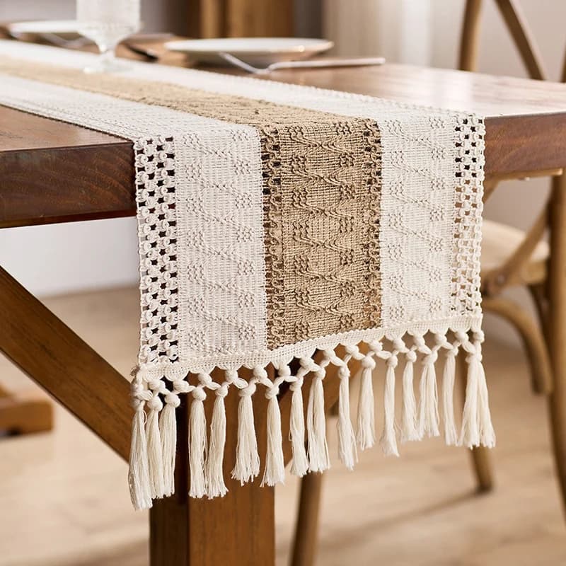 Chemin de table en lin style bohème rustique pour la décoration de la maison, macramé avec pompons,