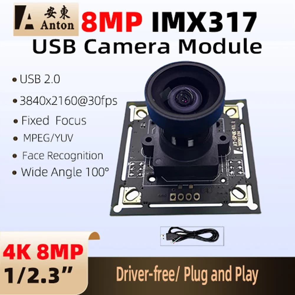 Module de caméra USB 4K 8MP IMX317 CMOS à mise au point fixe FF 100 ° Webcam UVC de reconnaissance