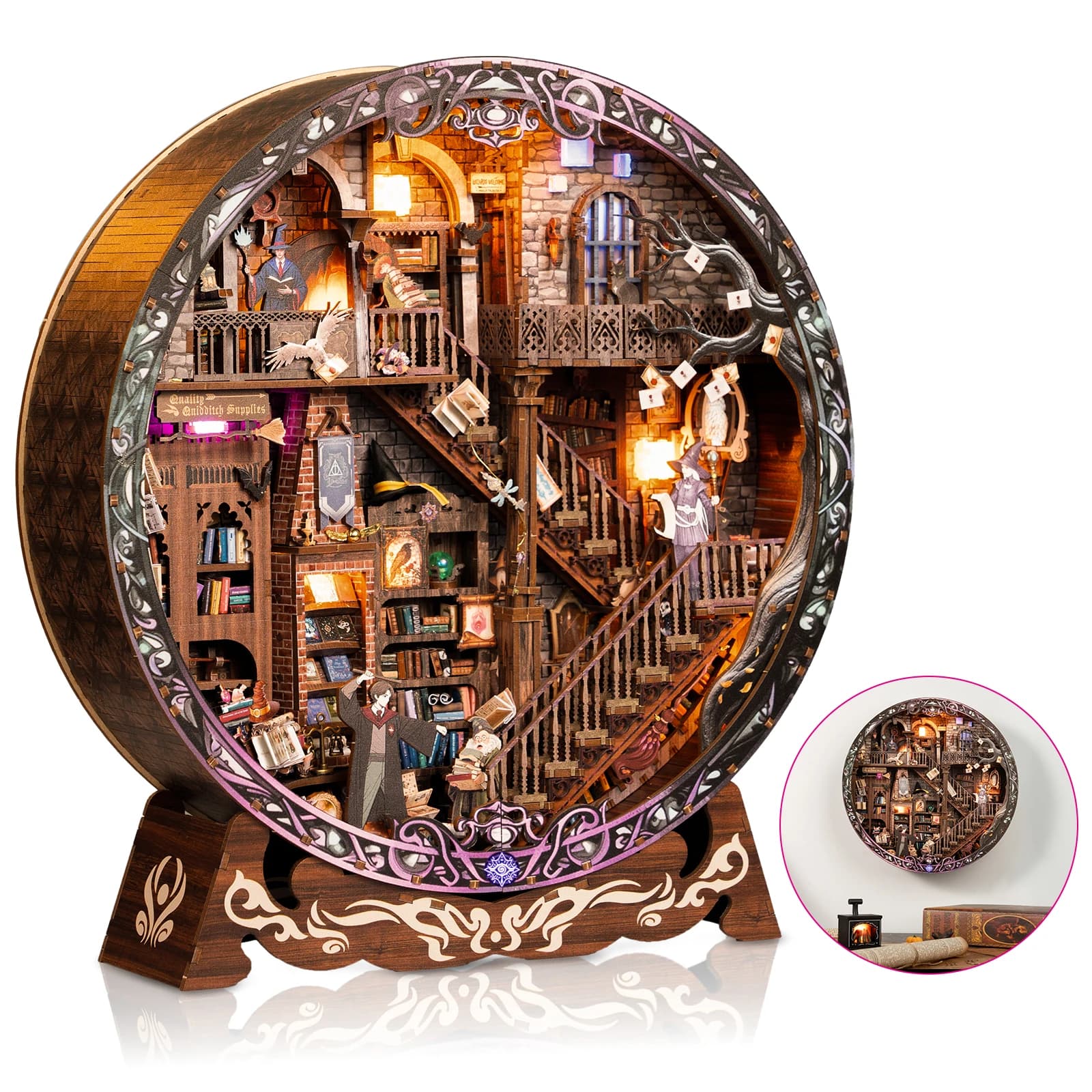 Bibliothèque magique en bois, bricolage, Figurines de Casa, Villa assemblée avec lumière pour amis,