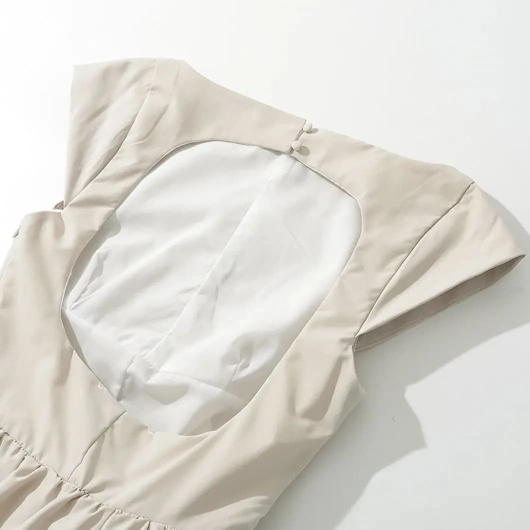Robe mi-longue taille basse à manches courtes pour femmes, col slash sexy, dos nu évidé, robe trapèz