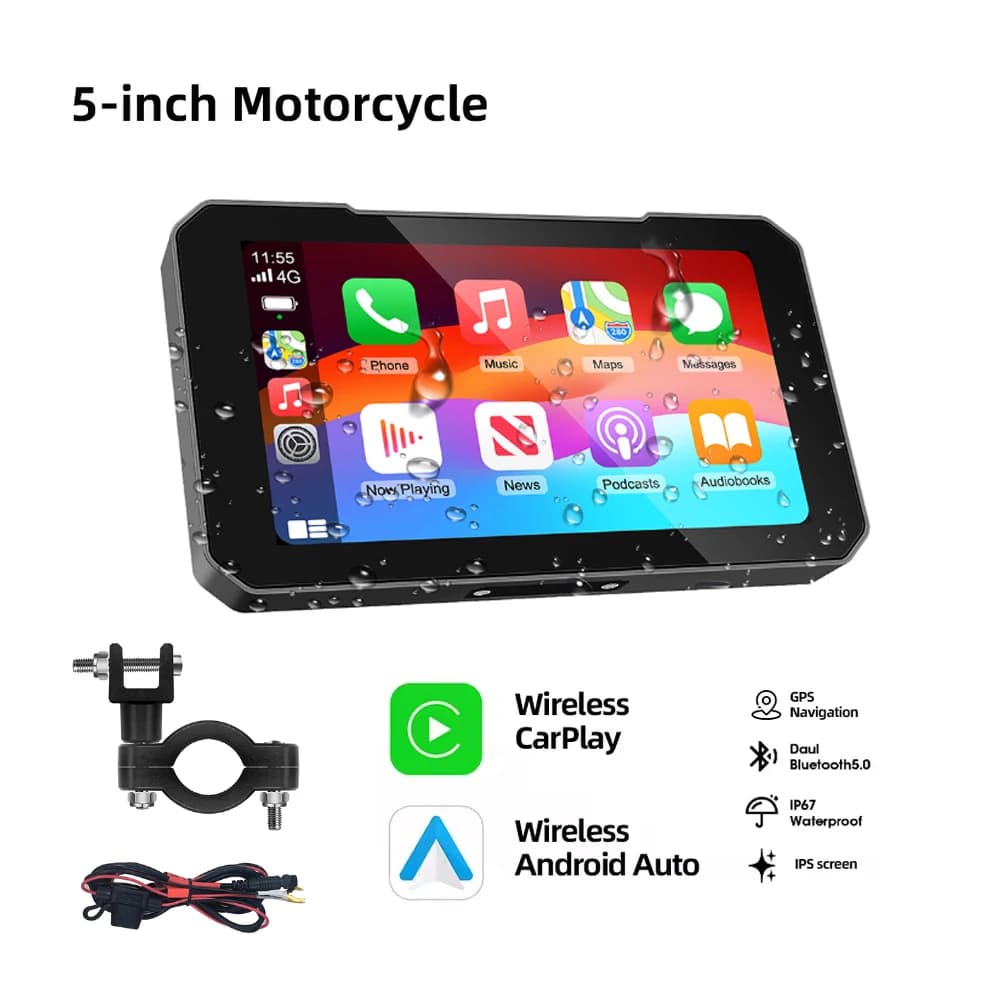 Écran tactile de 5 pouces pour moto CarPlay, prise en charge de l'enregistrement à double caméra ave