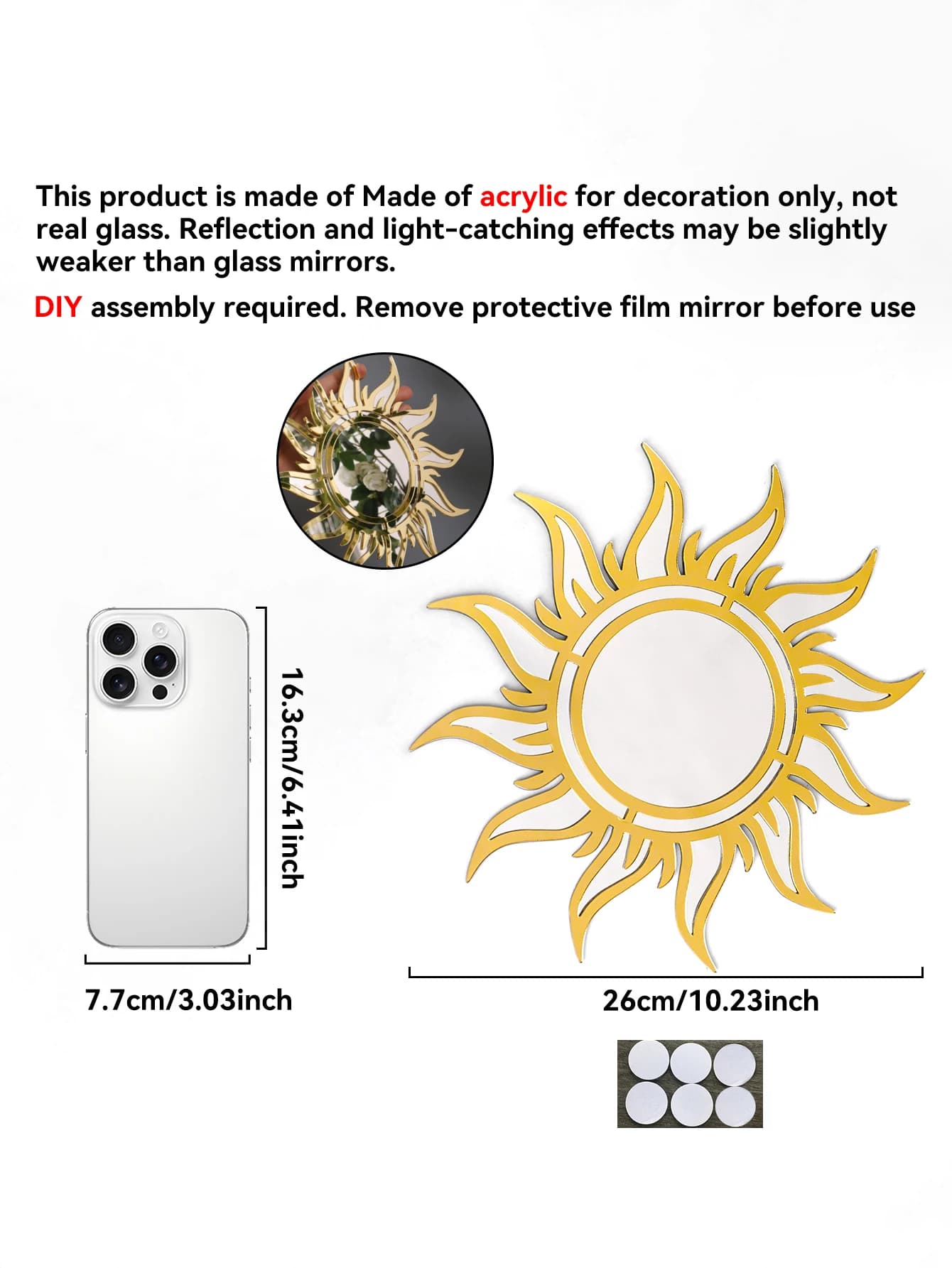 Miroir mural Boho en forme de soleil, miroir décoratif artistique avec miroir suspendu en acrylique