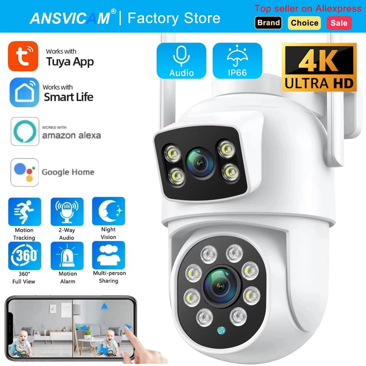 8MP double objectif Tuya Wifi caméra PTZ extérieure 4K sans fil double écran caméra de sécurité suiv