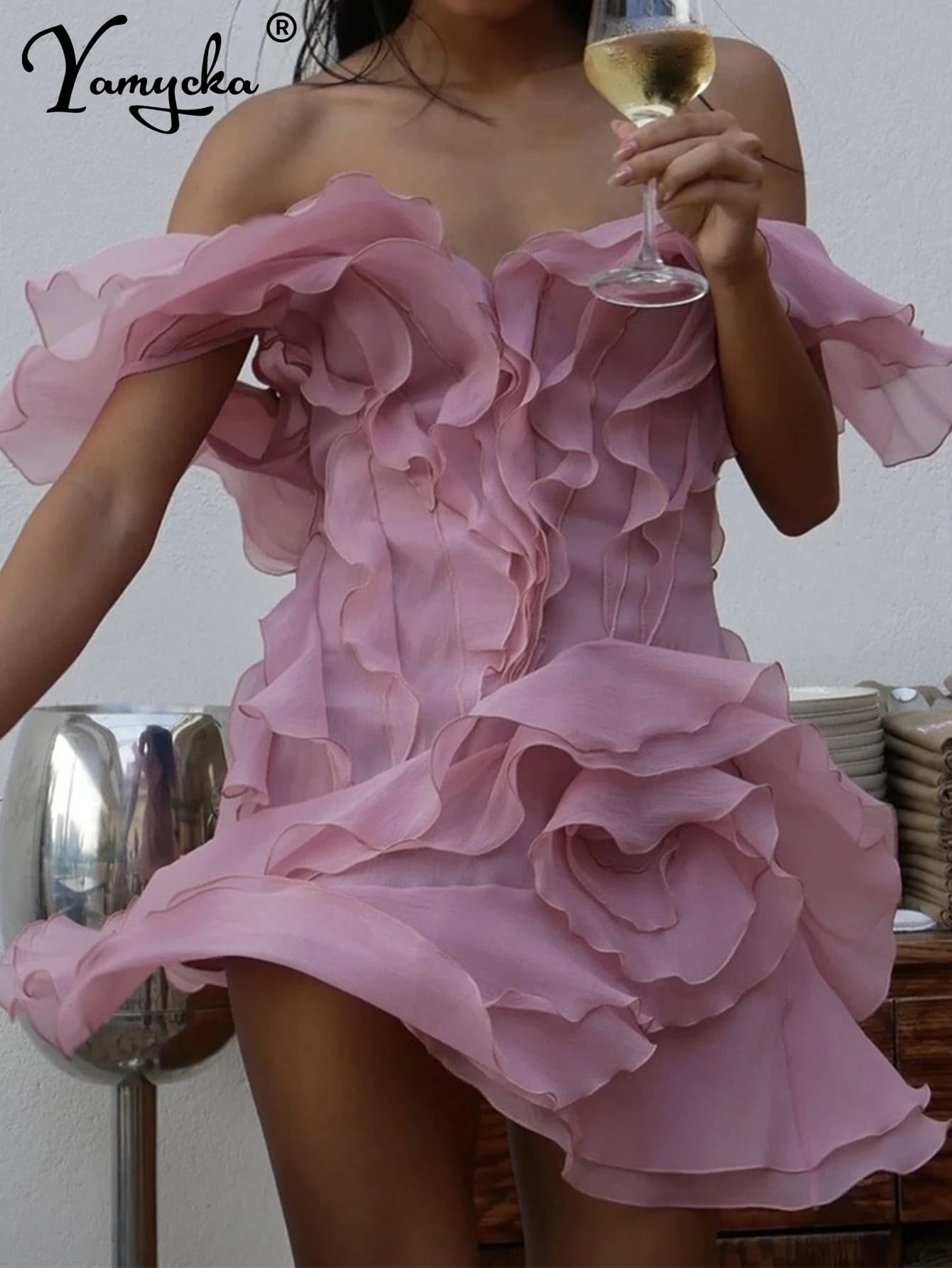 Mini robe d'été sexy en maille, dos nu, à volants, courte, tenue de soirée, vacances, Rh, anniversai