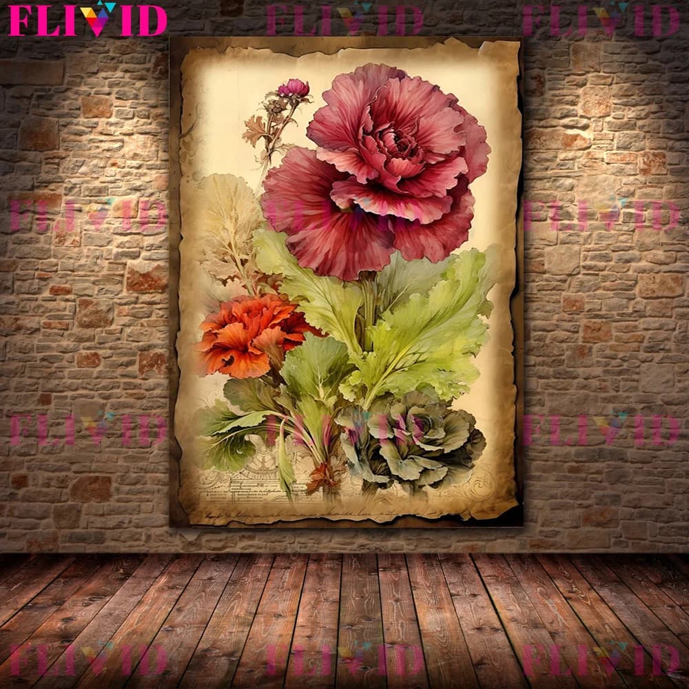 Botanical Junk Journal,Shabby Floral Art Poster and Print,Botanical Garden Vintage Wall Art Canvas P