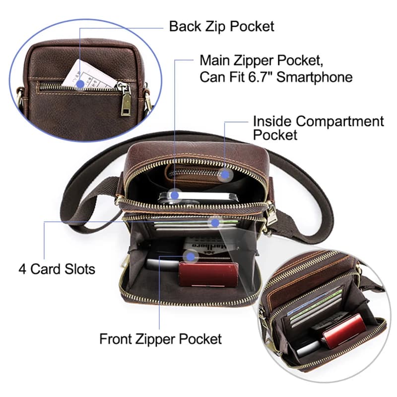 CONTACT'S – Mini sac à bandoulière en cuir véritable pour hommes, pochette pour téléphone, voyage dé