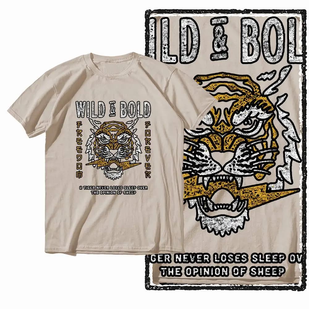 G41 Beige Vintage 100% coton T-shirt imprimé tigre pour hommes | T-shirt col rond pour hommes, St