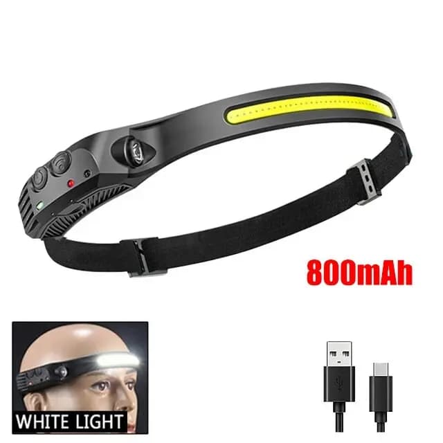 Lampe frontale de sauna à induction LED COB, batterie intégrée, lampe de poche aste USB, capteur de