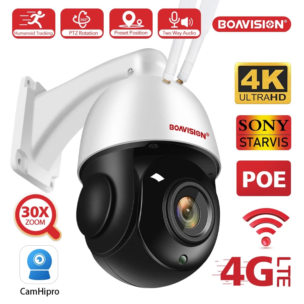 Caméra IP extérieure 8MP 5MP 4G avec carte SIM, WIFI, POE, suivi automatique IA, zoom 30X, dôme PTZ