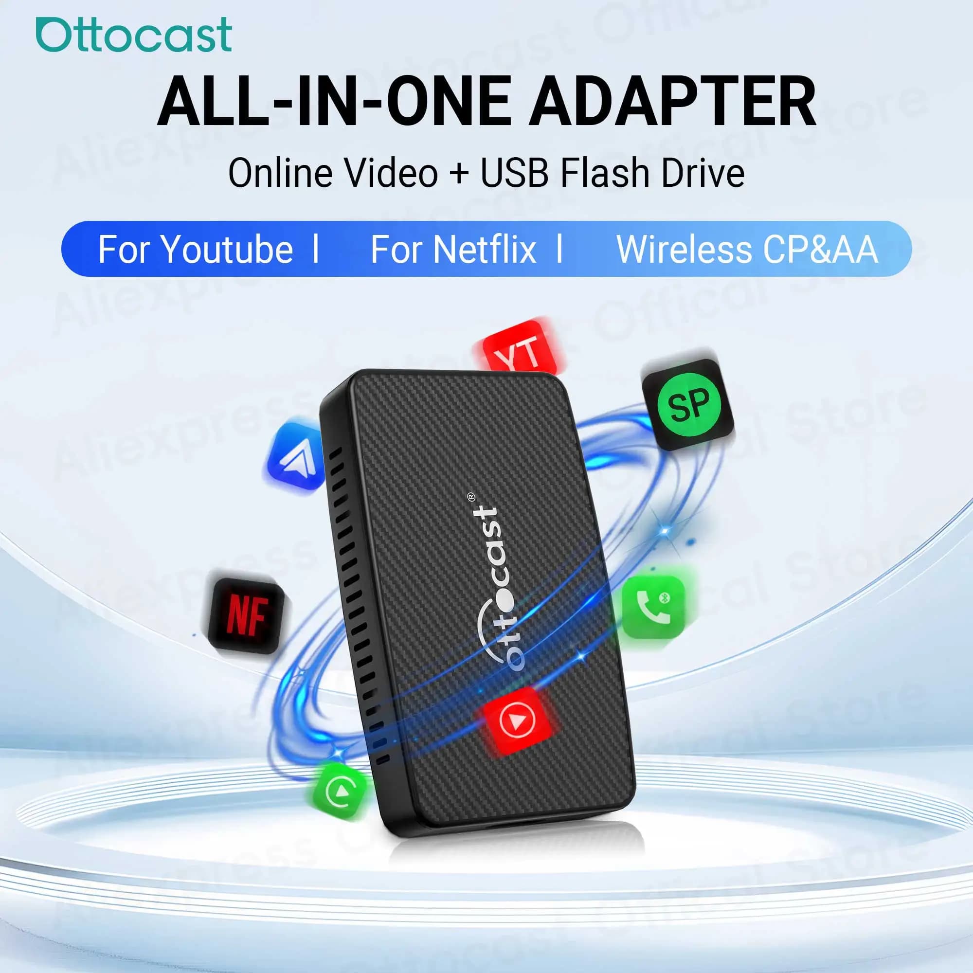 OTTOCAST-Adaptateur CarPlay Android sans fil, Play2Video, Auto, Youtube, Netflix, Lecteur vidéo, TV