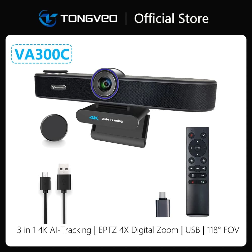 Webcam 4K avec microphones et haut-parleur TONGVEO 5X Zoom numérique AI suivi automatique suivi voca
