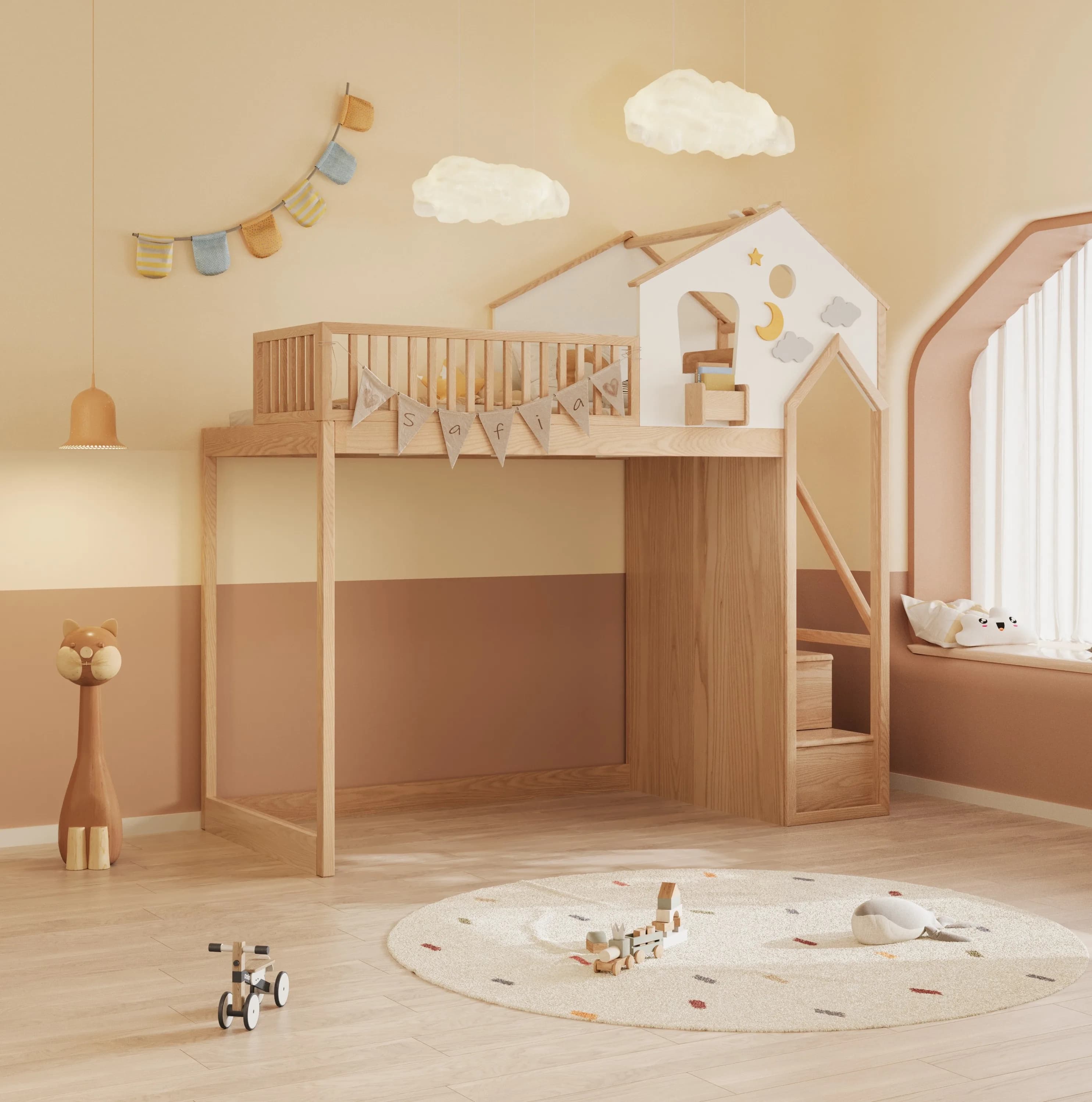 Lit enfant en bois massif, lit arbre, lit surélevé avec toboggan, lit superposé mère et enfant, lit