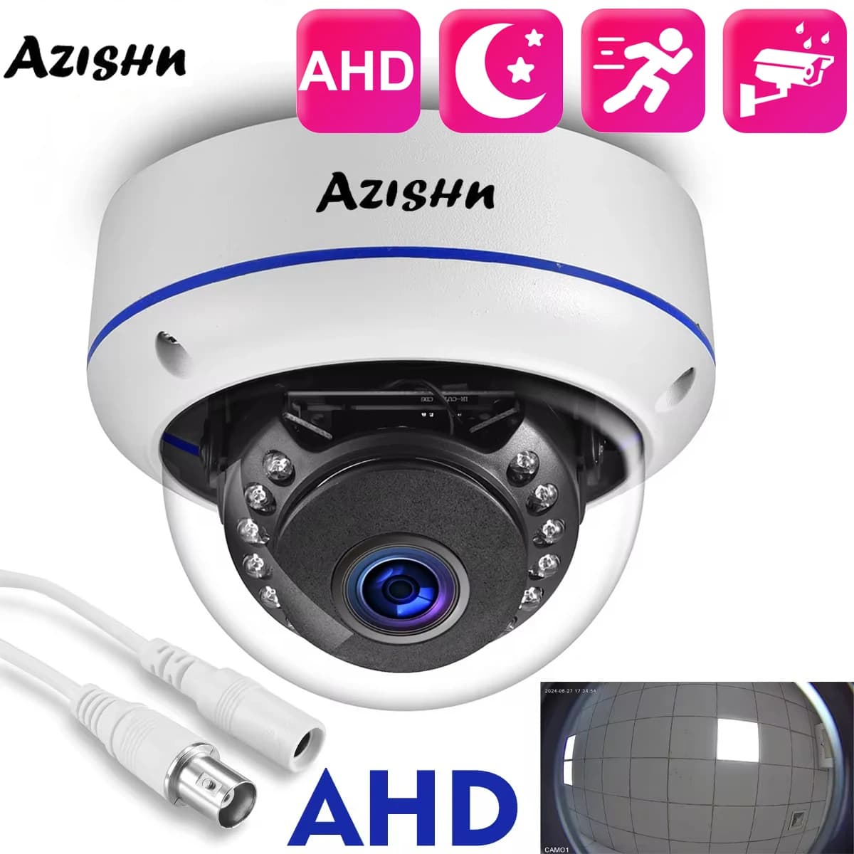 AZISHN-Caméra de sécurité extérieure avec objectif fisheye, surveillance de vision nocturne IR, camé