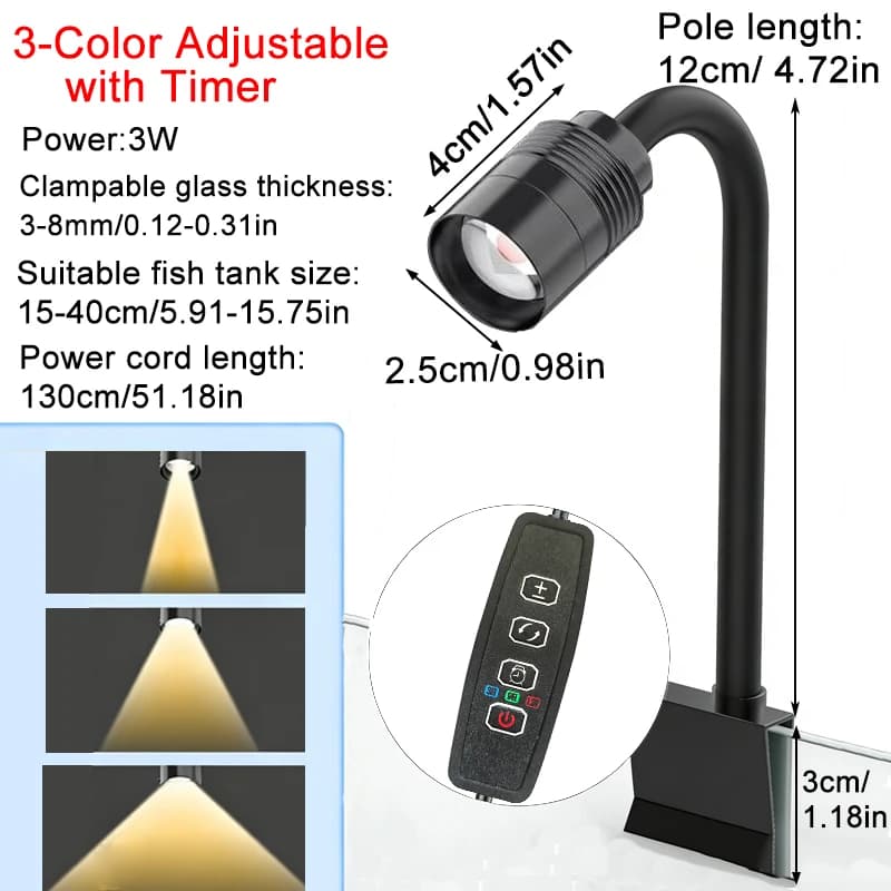 Projecteur d'aquarium sud-américain 3W, 3 couleurs, minuterie de Cycle variable, Zoomable, lampe LED