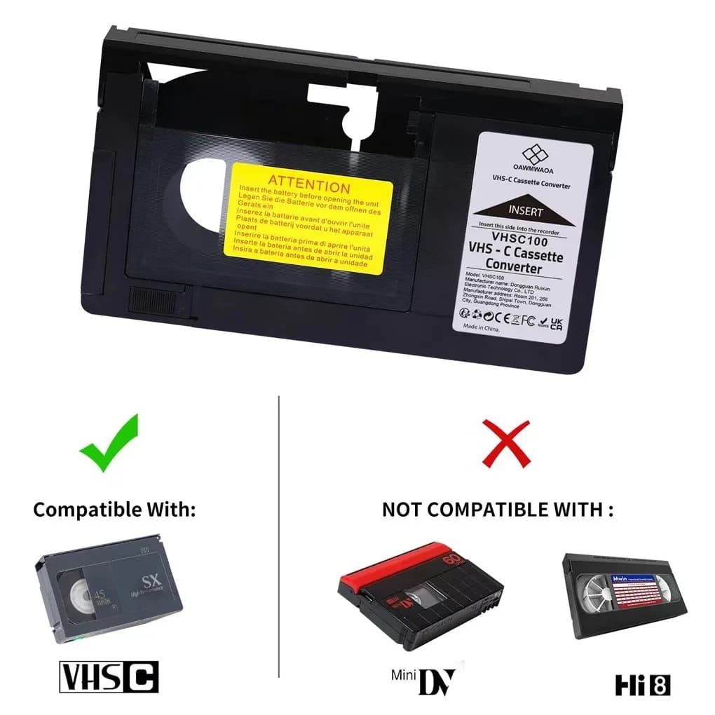 Boîtier convertisseur vidéo : convertit VHS en VHSC, prend en charge MiniDV Hi8