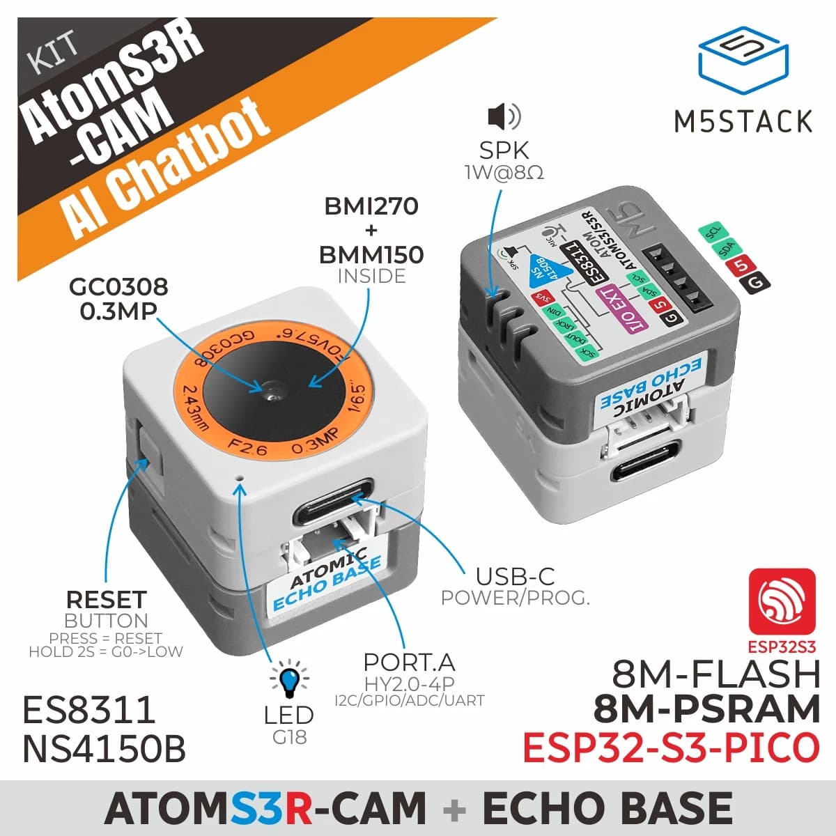 Kit officiel M5Stack AtomS3R-CAM Al Chatbot (8 Mo PSRAM)