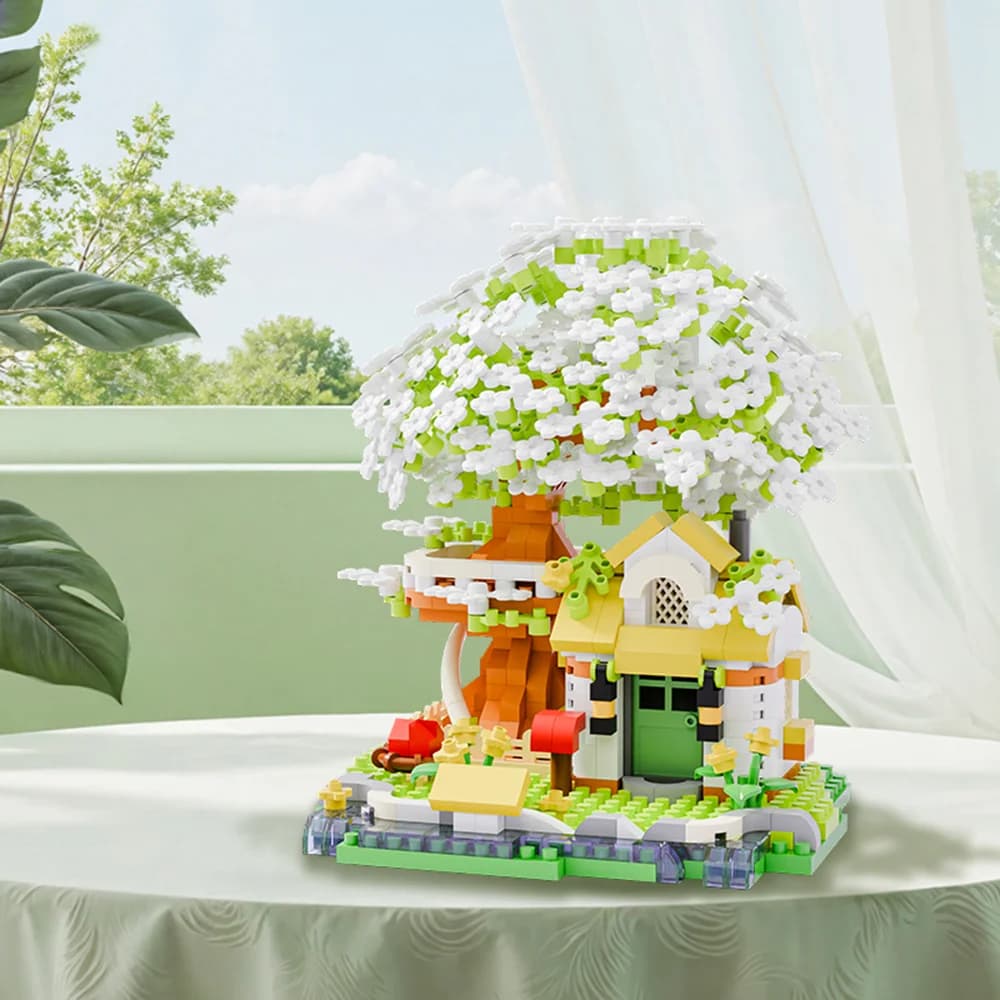 Ensemble de blocs de construction d'arbre en fleurs de cerisier quatre saisons, modèle de maison d'a
