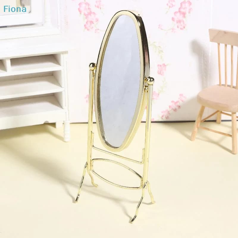 ✔ Miroir sur pied miniature à l'échelle 1:12, miroir pleine longueur plaqué or, accessoire de mobili