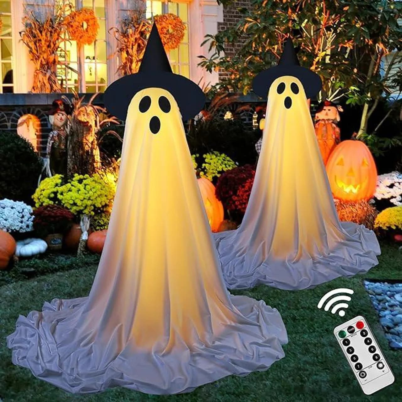 Fantôme d'halloween suspendu avec guirlandes lumineuses, fantôme effrayant éclairé pour la maison, j