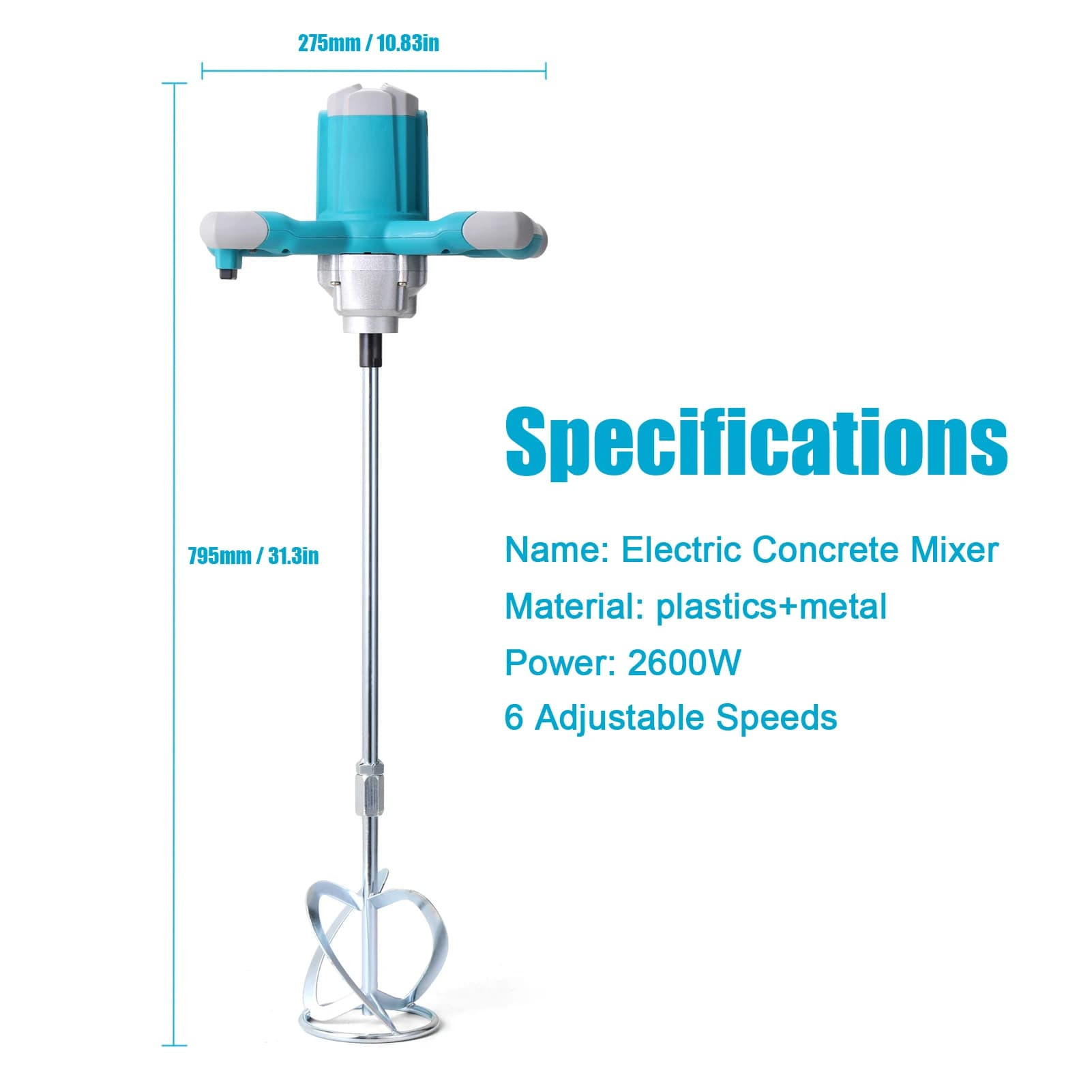 2600W béton électrique mélangeur Portable béton ciment mélangeur 6 vitesses réglable mélange Machine