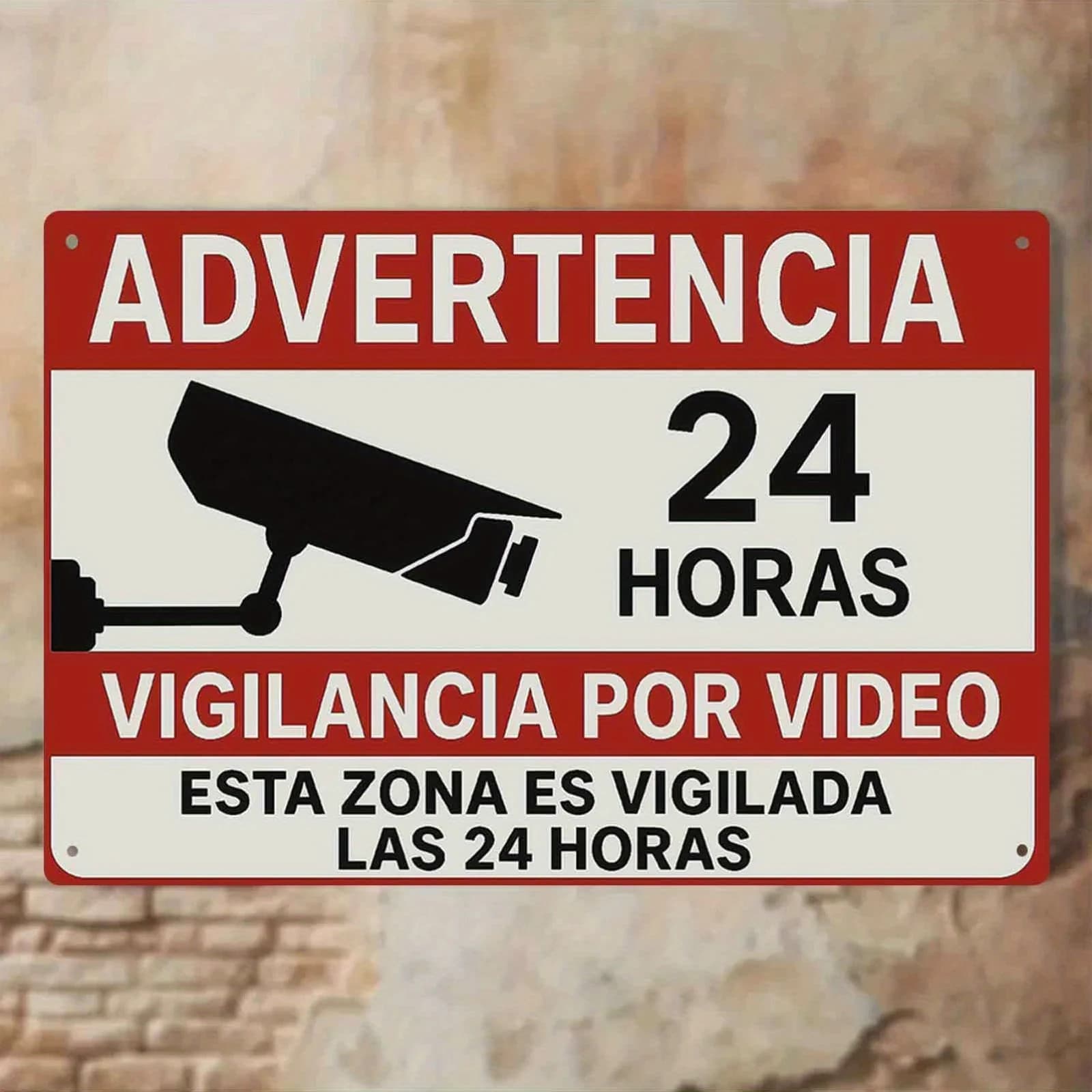Panneau en métal « Avertissement Espagnol : Surveillance Vidéo 24h/24 » - Plaque d'avertissement de