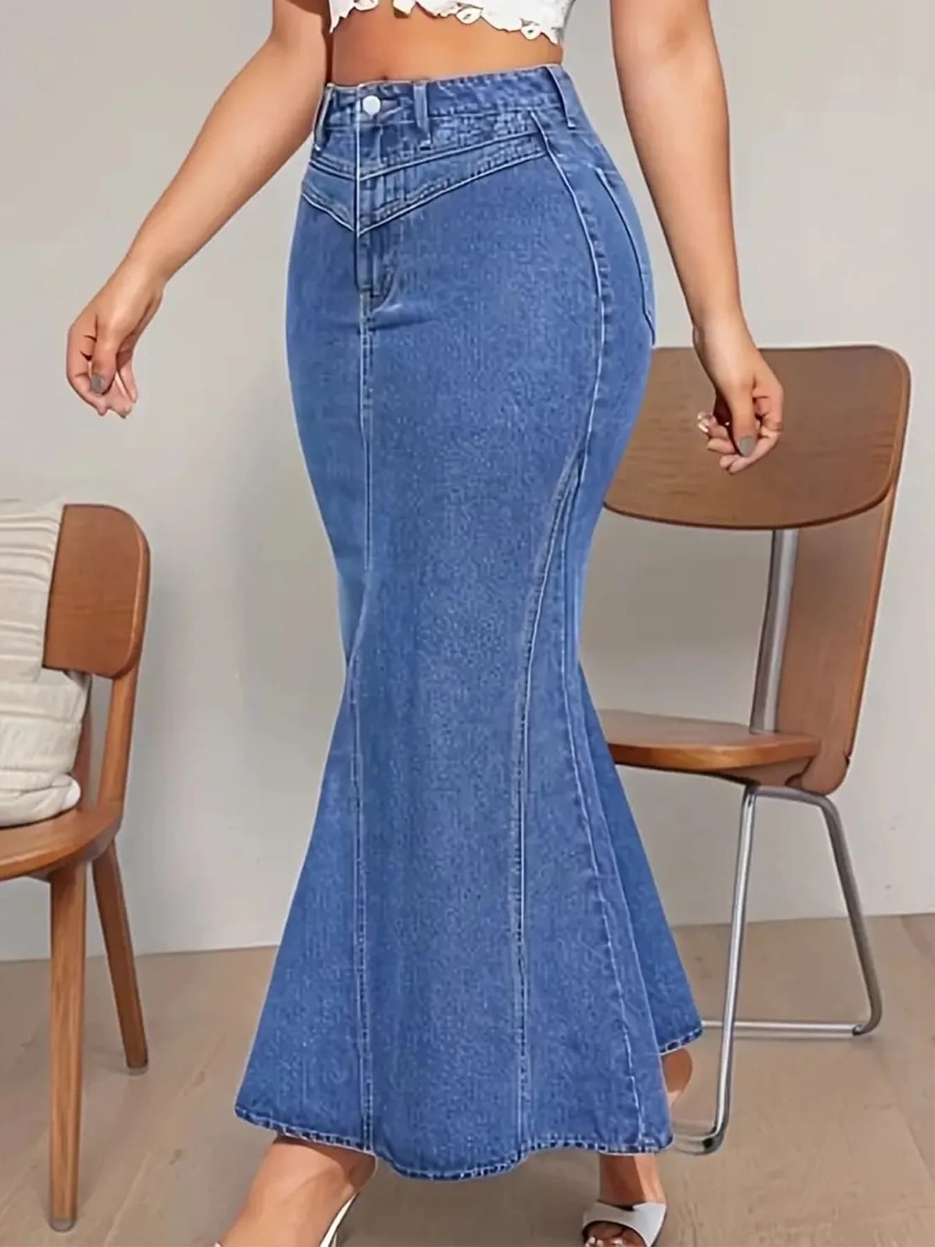 Jupe queue de poisson en jean rétro pour femmes, coupe ajustée, taille moyenne, élastique, demi-jupe