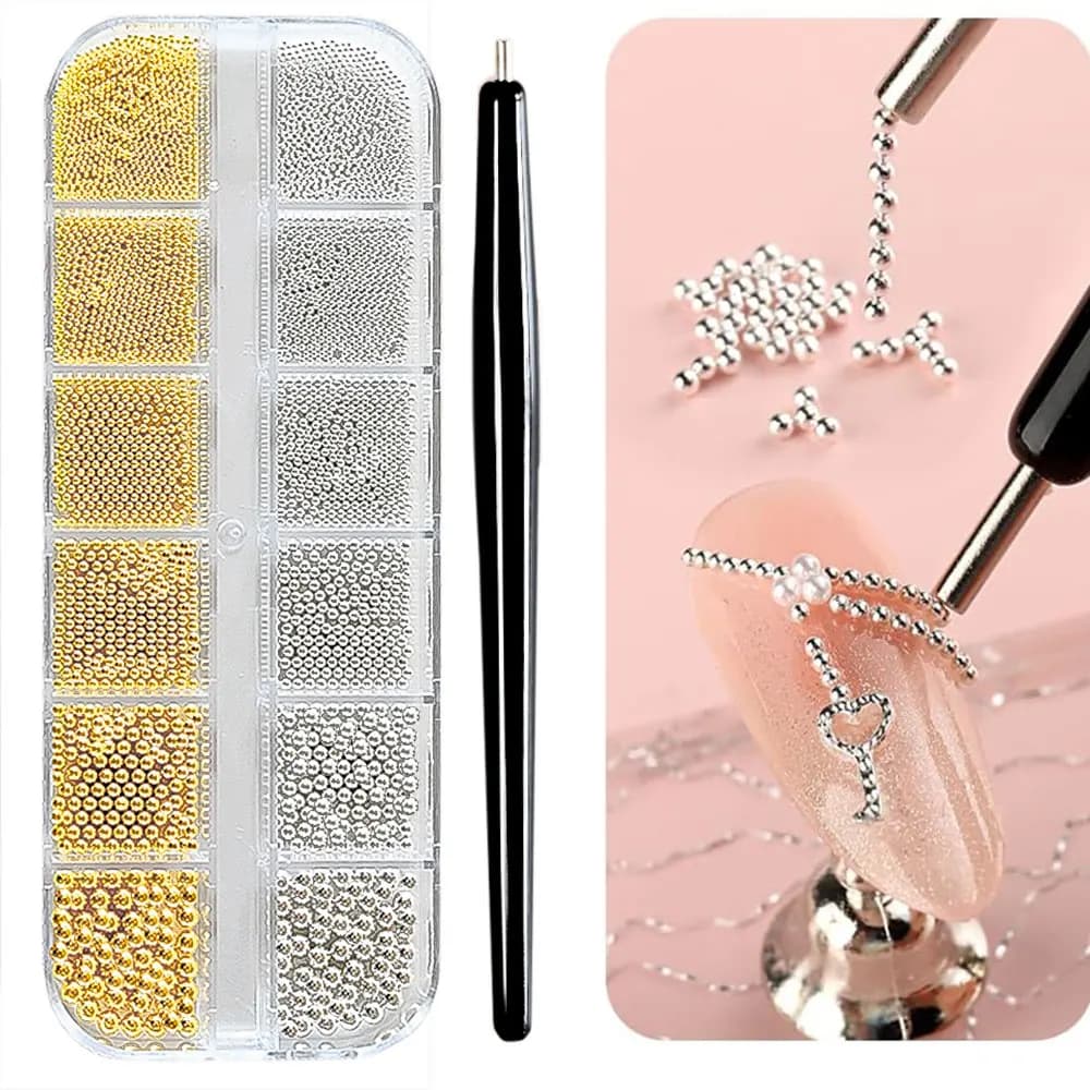 Mini perles de Caviar or/argent à 12 grilles, décorations Nail Art, Micro boules en métal, breloque