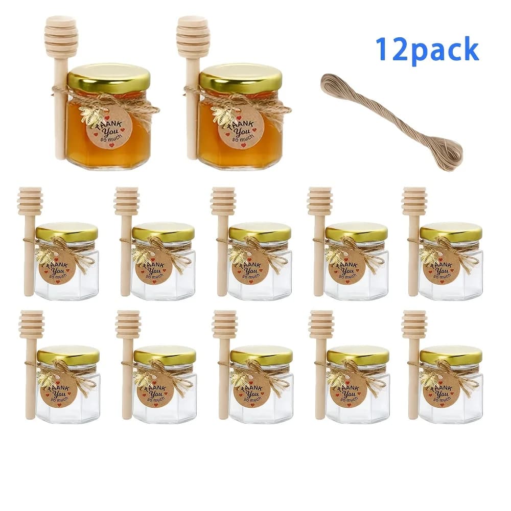 Mini pots à miel hexagonaux en verre de 1,5 oz - Lot de 12/24/36/48/56 pots à miel, avec cuillère en
