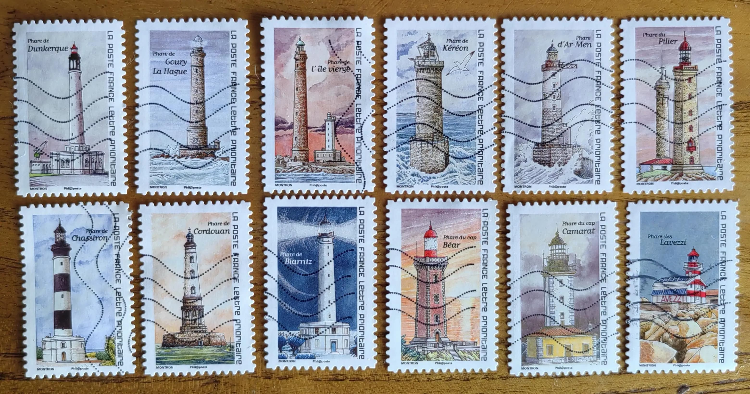 Timbres-poste français année 2019 phare ensemble complet réel utilisé 12 timbres-poste à collectionn