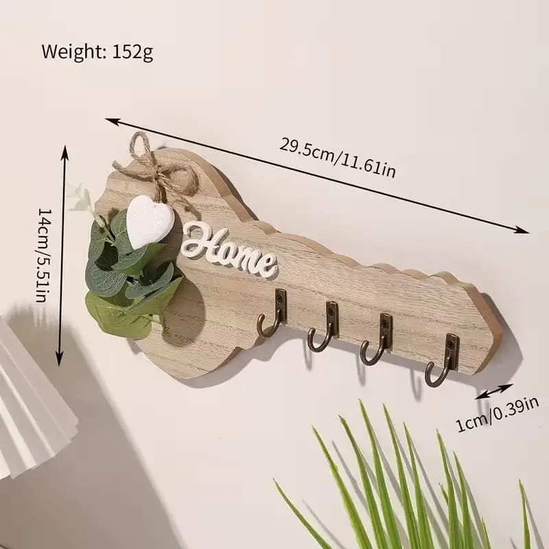 1 porte-clés «maison» en bois, décoration murale avec embellissements en forme de cœur et 4 crochets
