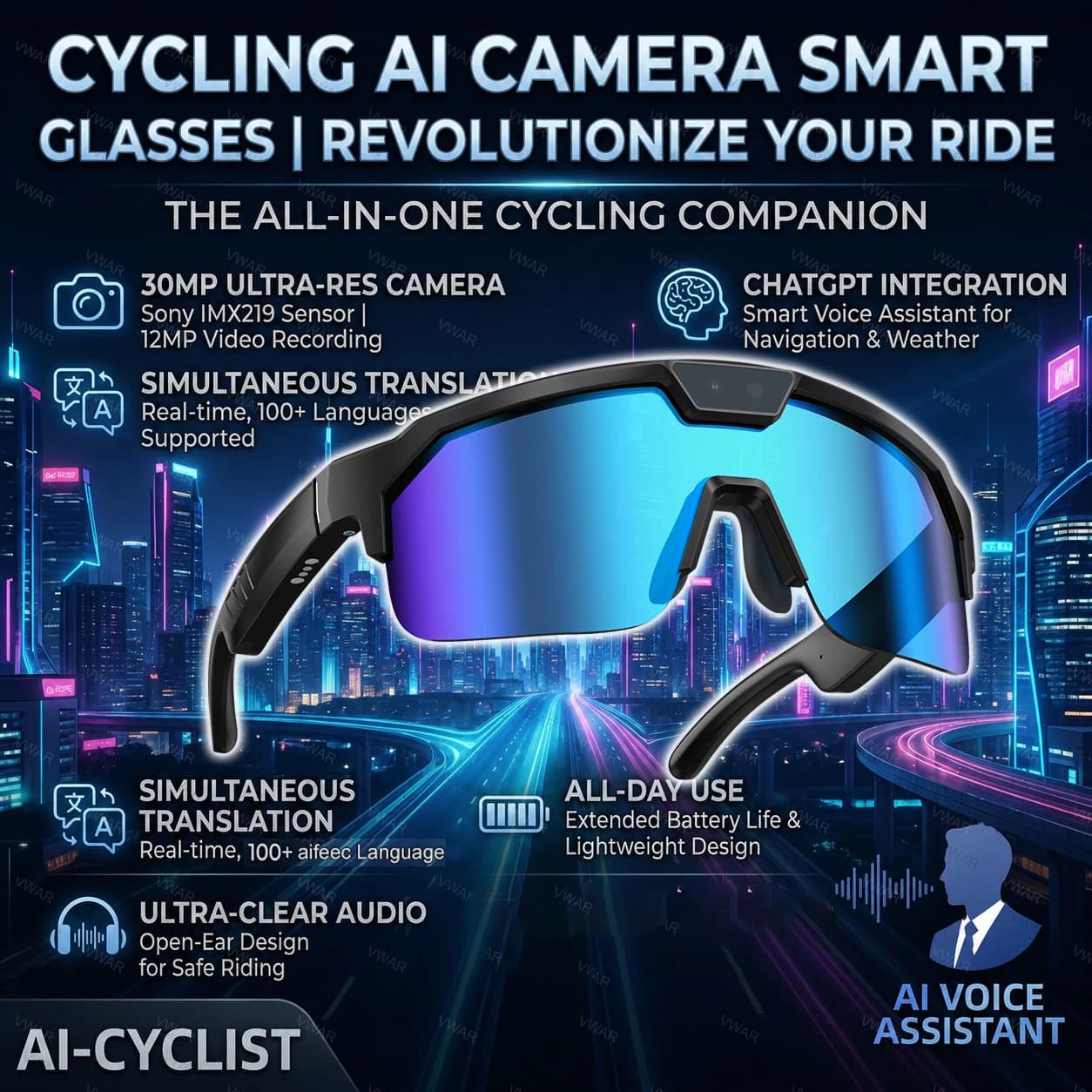 Lunettes intelligentes avec caméra HD 4K anti-tremblement et haut-parleurs stéréo 3D, lunettes de so