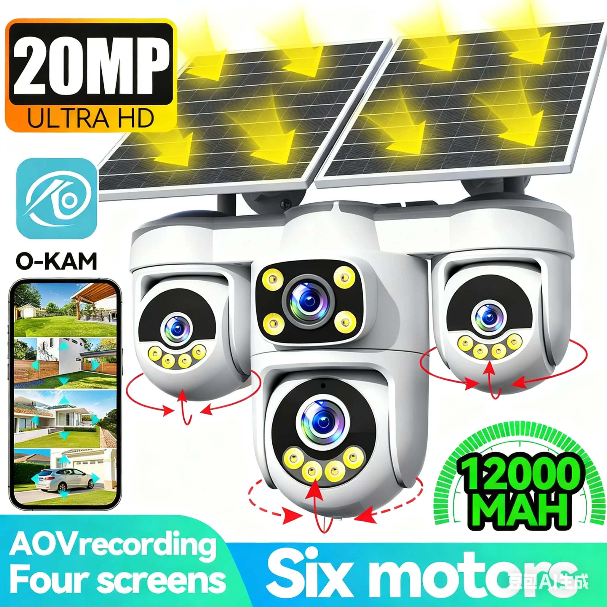 Pas de câblage nécessaire! Caméra de sécurité solaire 20MP, 360 ° Suivi automatique, puissance per