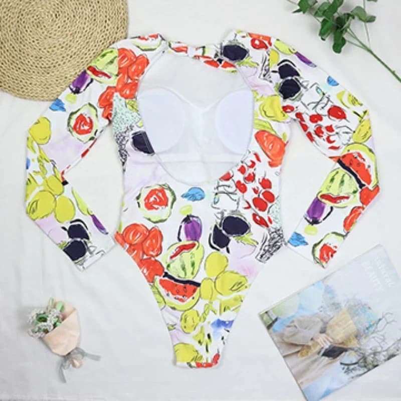Maillot de bain une pièce sexy 2026 pour femme, manches longues, dos nu, imprimé légumes et fruits,