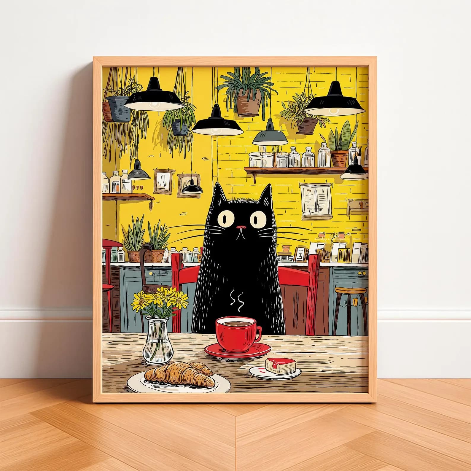 Affiche d'illustration de café pour chats fantaisistes, art mural rétro pour cuisine avec chats tabb