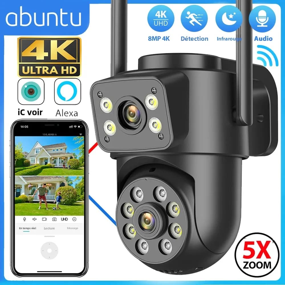 Caméra Wifi extérieure 8MP 4K double objectif double écrans noir caméra de Surveillance Vision noctu