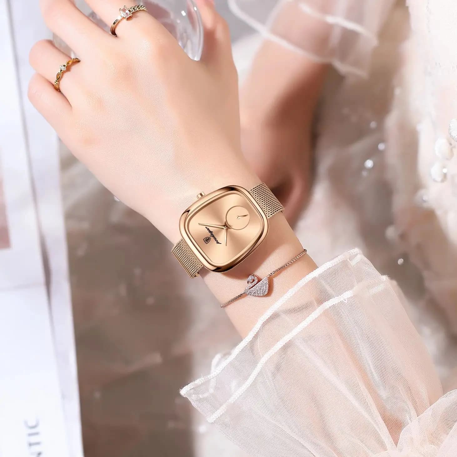 POEDAGAR marque de luxe femme montre étanche en acier inoxydable maille femmes montres mode élégant