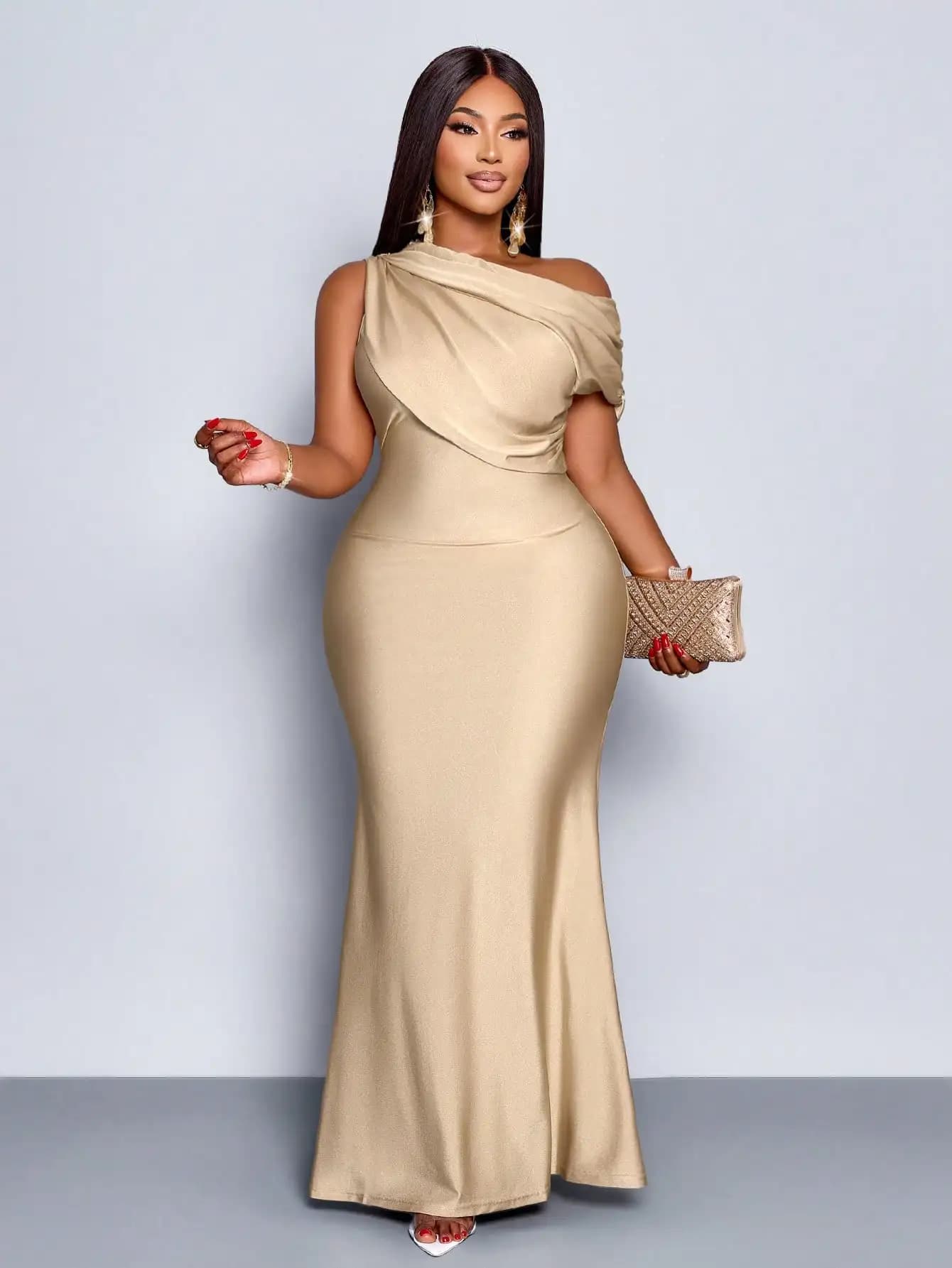 Robe de soirée élégante à épaules dénudées, taille plus, style sirène, en abricot brillant pour mari