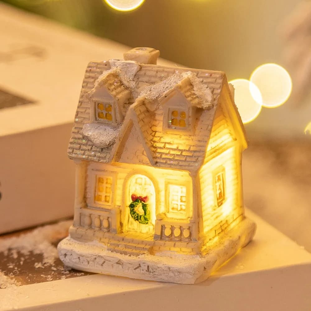 Petite maison de noël scintillante en résine blanche, ornement de maison de noël, lumière chaude et