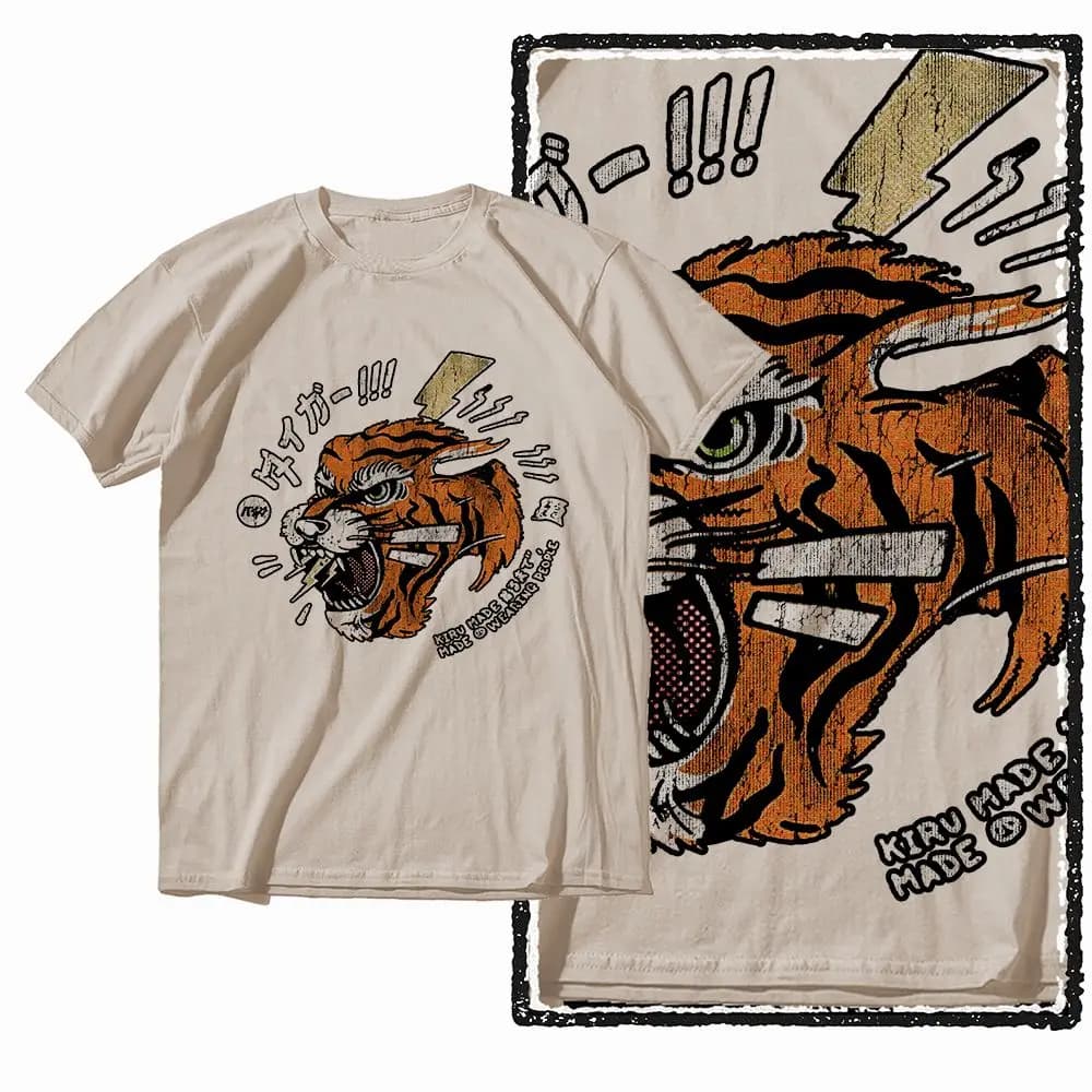 G41 Beige Vintage 100% coton T-shirt imprimé tigre pour hommes | T-shirt col rond pour hommes, St
