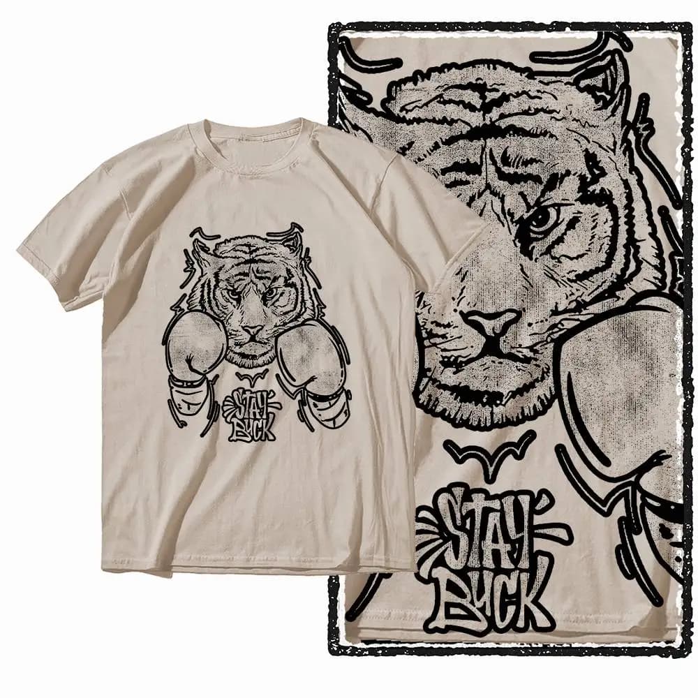 G41 Beige Vintage 100% coton T-shirt imprimé tigre pour hommes | T-shirt col rond pour hommes, St