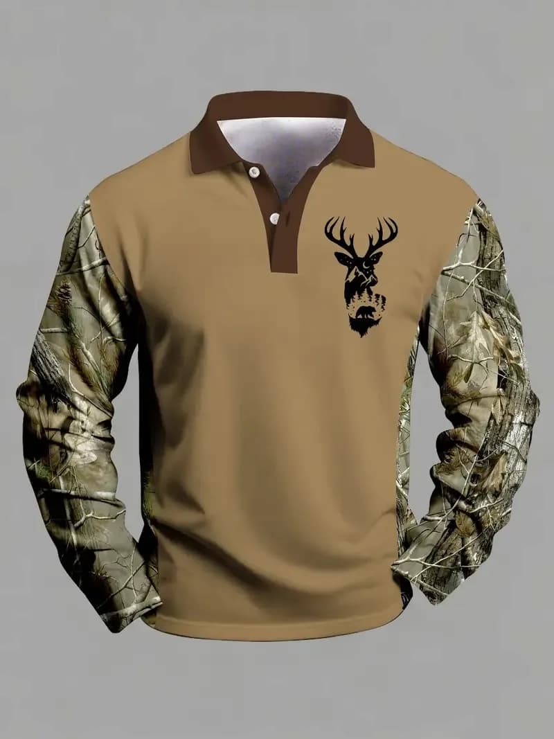 Polo homme imprimé en 3D avec tête de renne de Noël, chemise à manches longues tendance pour l'autom