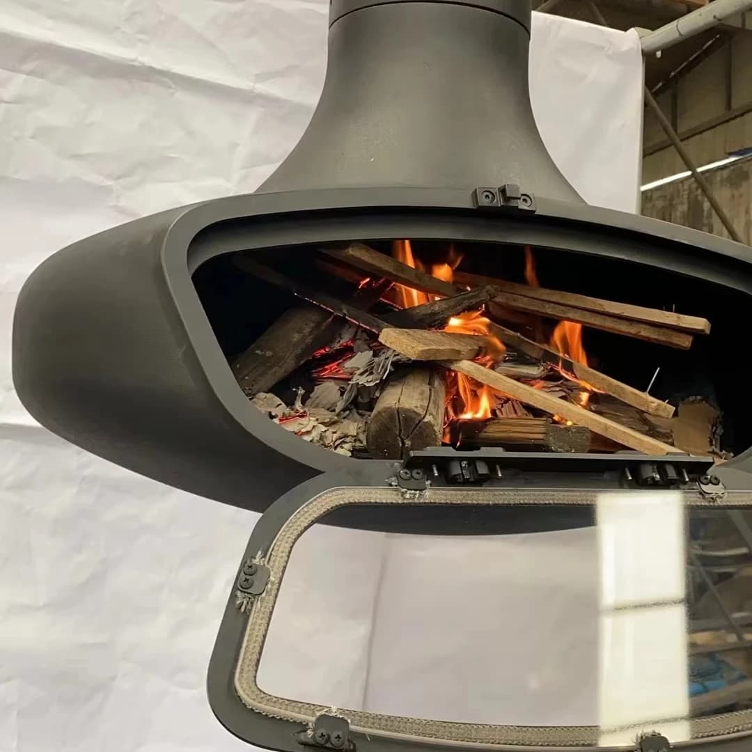Brûleur à bois intérieur suspendu flottant rotatif décoratif en acier avec porte en verre