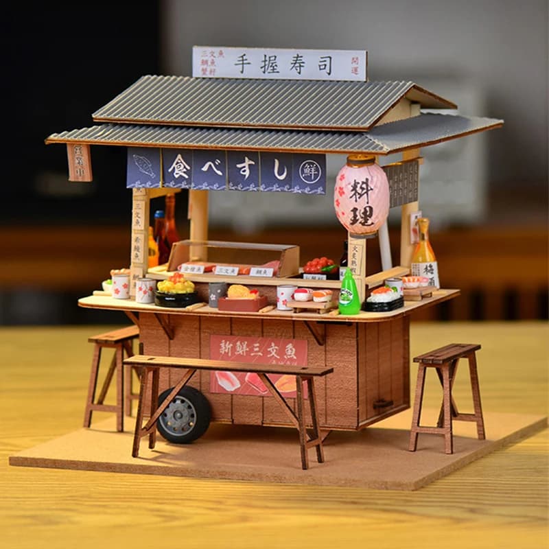 Analyste de construction miniatures en bois japonais Sushi PRCasa, bricolage, lumières assemblées, é