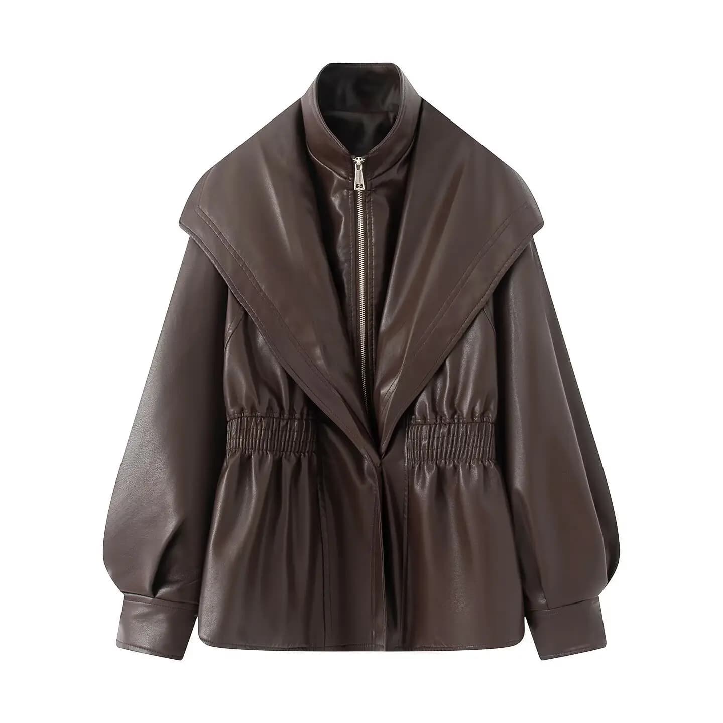 Veste en cuir Pu pour femme, manteau chaud marron avec fermeture éclair, décontracté, revers, taille