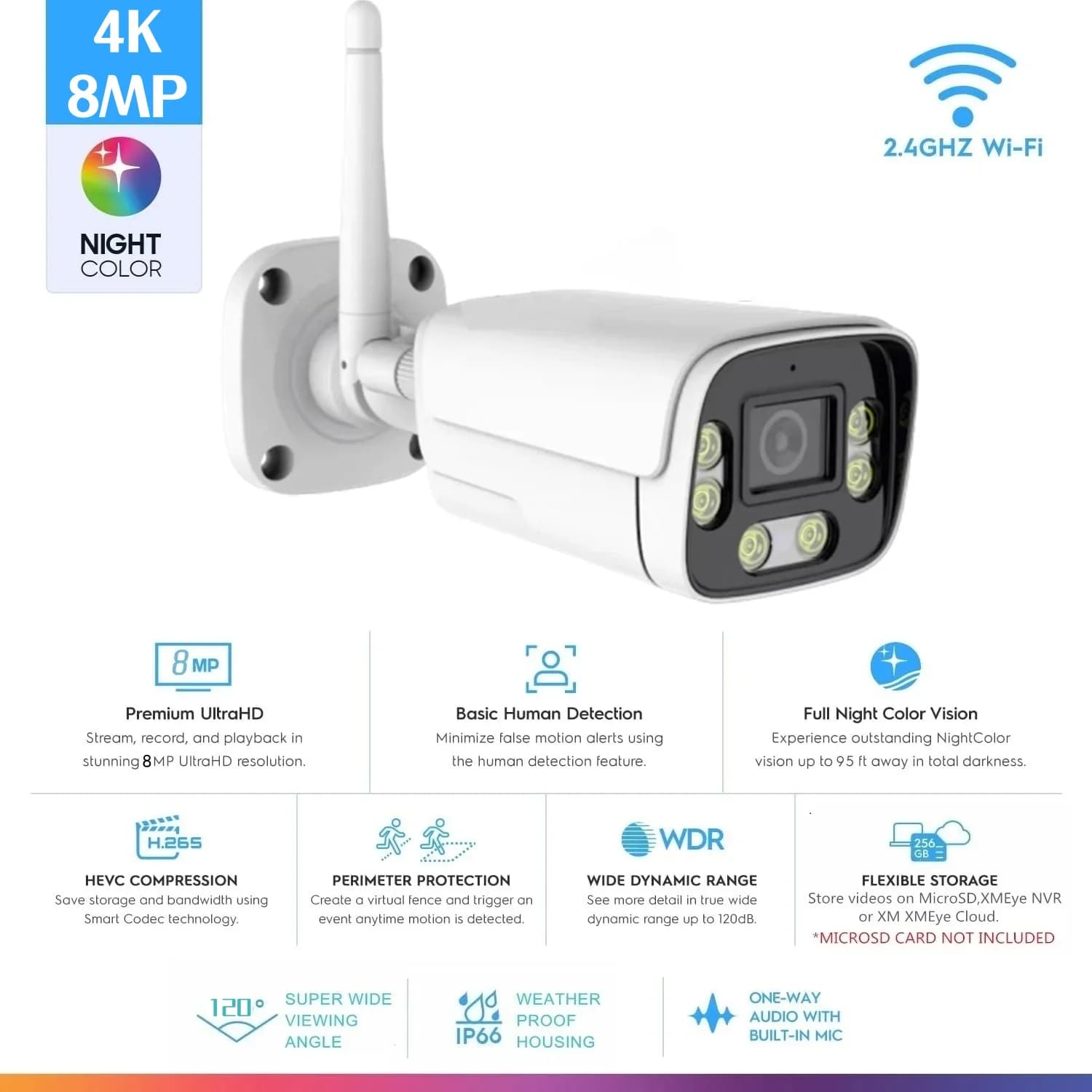 ICsee 4K 8MP sans fil sécurité extérieure Wifi AI caméra 98ft couleur nocturne détection humaine bal